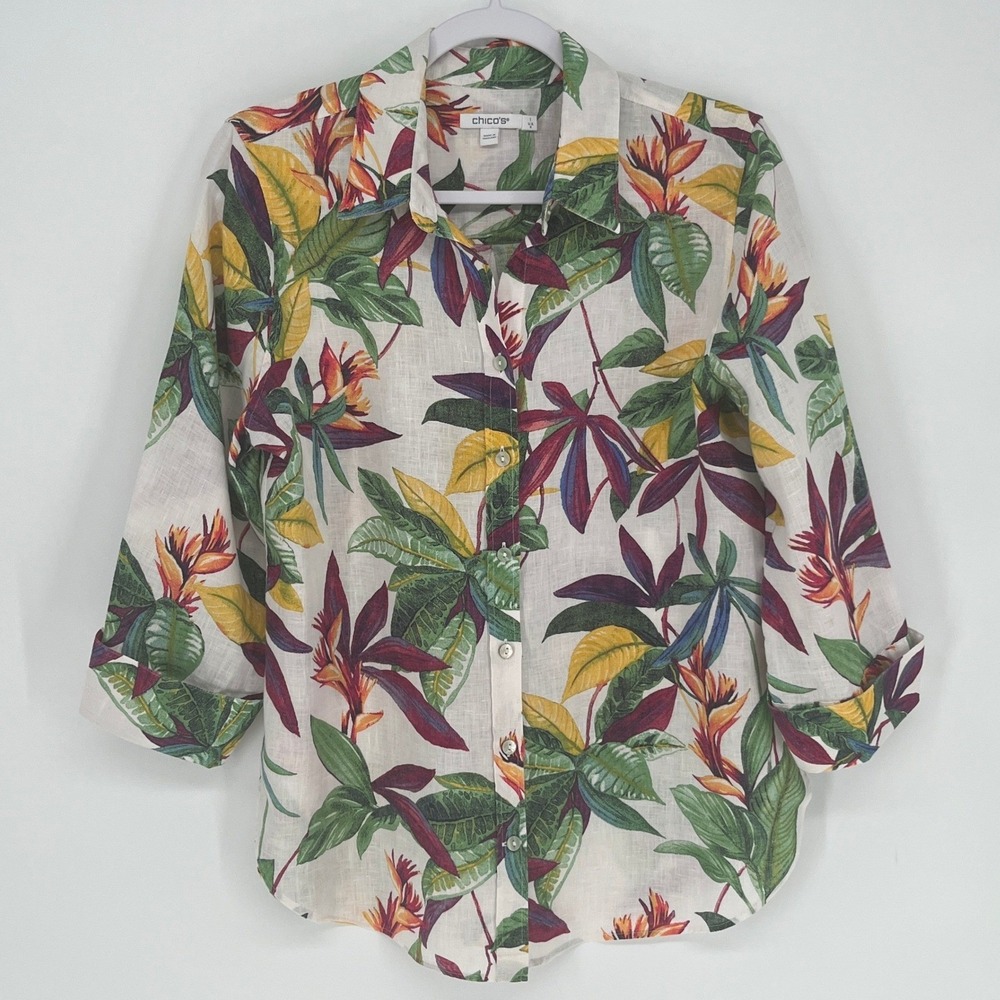 Chicos 100% Linen Tropical Floral Button Up Shirt Womens 1 M Resort Coastal - Picture 2 of 11
